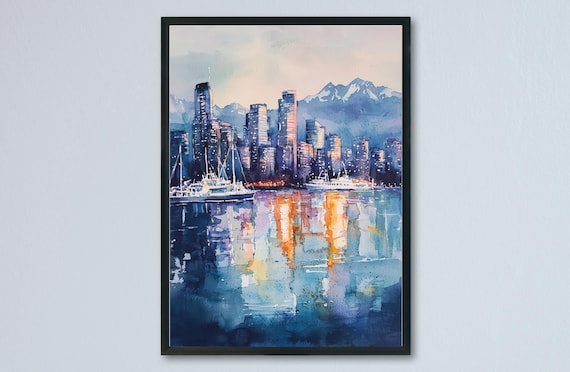 Vancouver Skyline Dusk Harbor Snowy Mountains Watercolor Poster