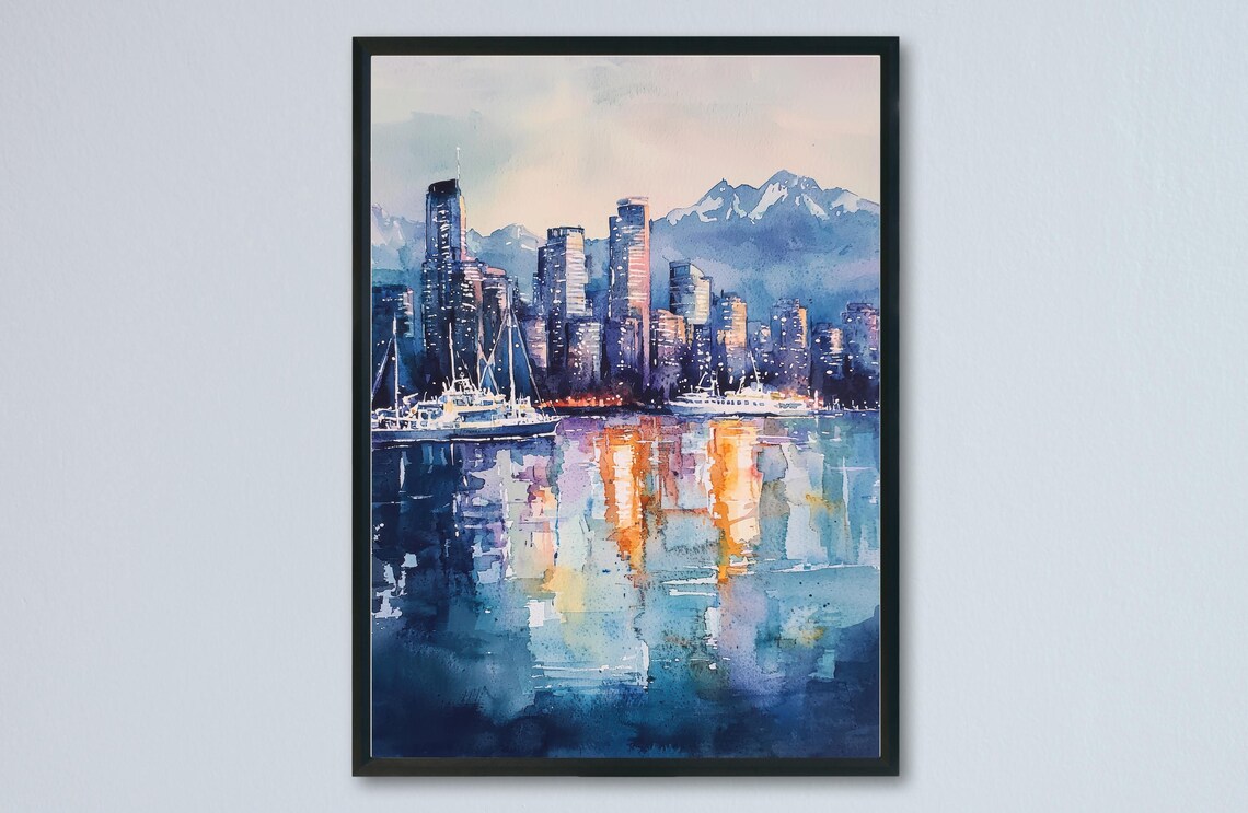 Vancouver Skyline Dusk Harbor Snowy Mountains Watercolor Poster