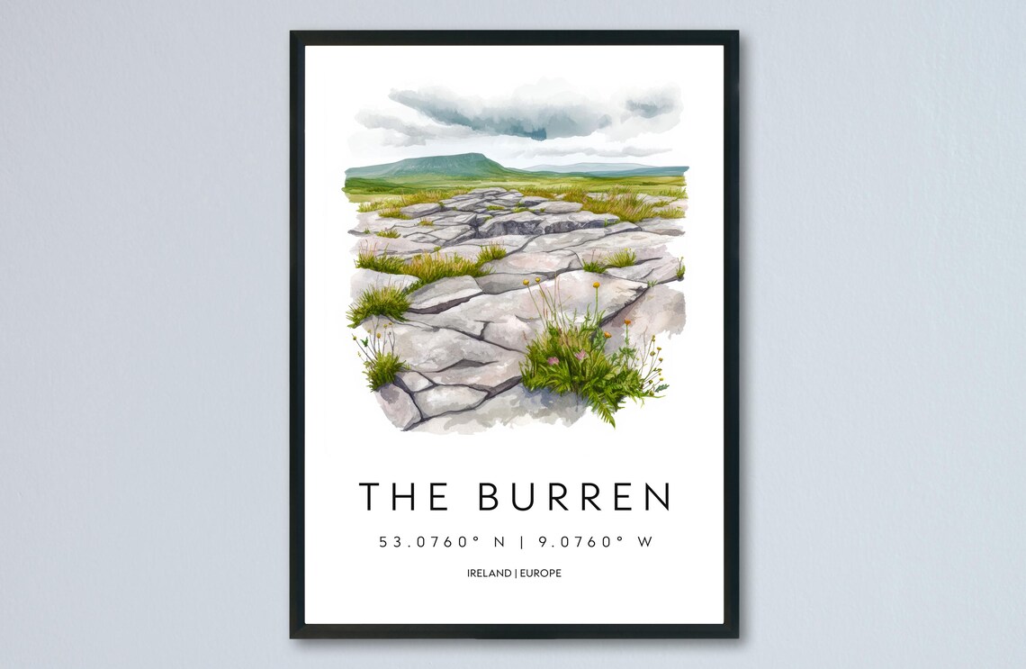 The Burren Limestone Rocks Ireland Scenic Watercolor Travel Poster