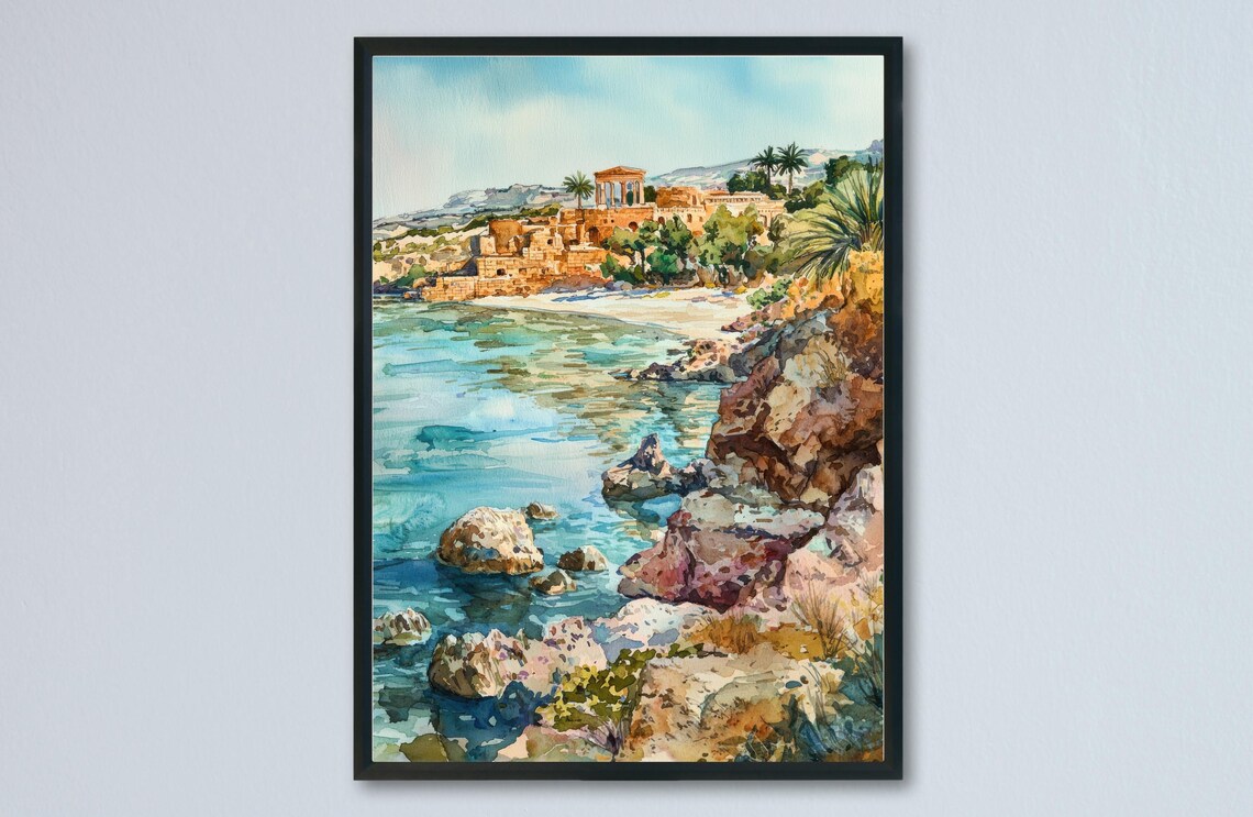 Paphos Rocky Cove Turquoise Sea Ancient Ruins Cyprus Watercolor Poster