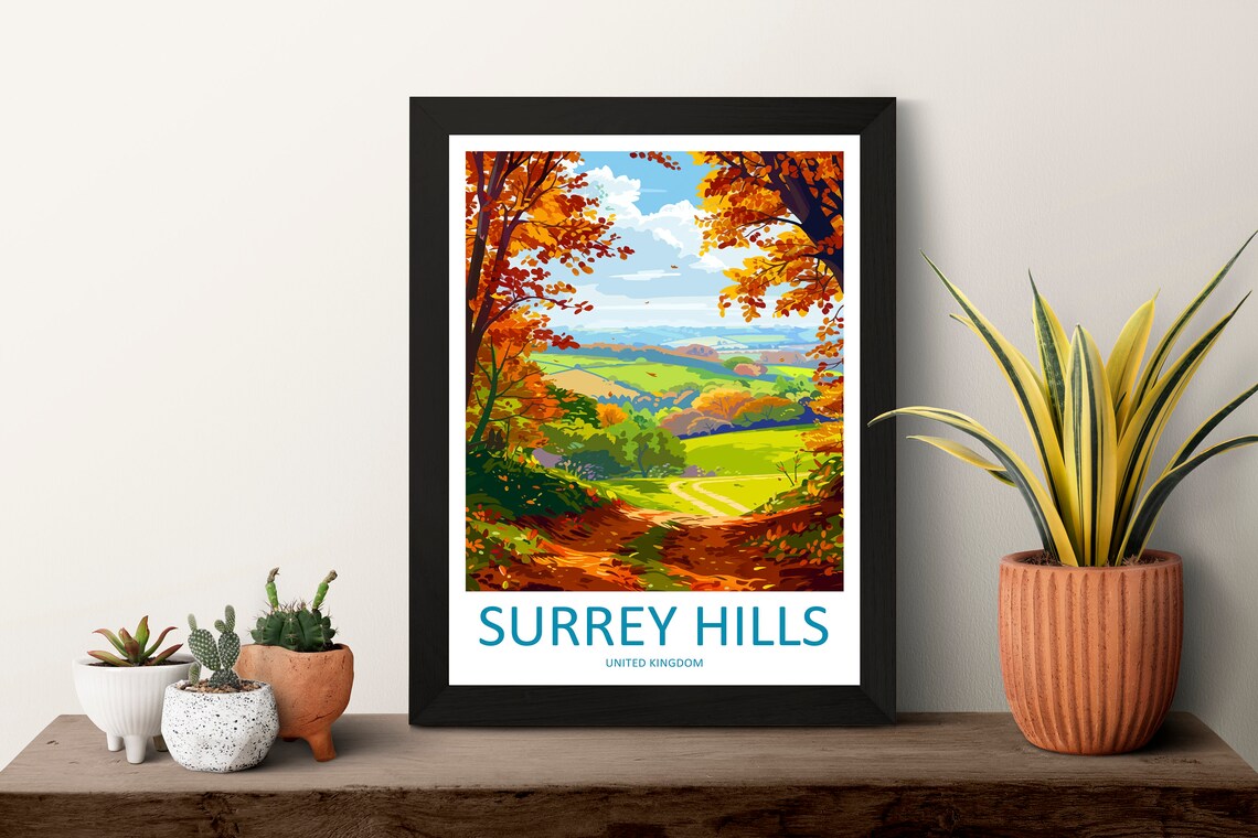 Surrey Hills England Travel Poster with an Autumn Valley Panorama View - Image 3