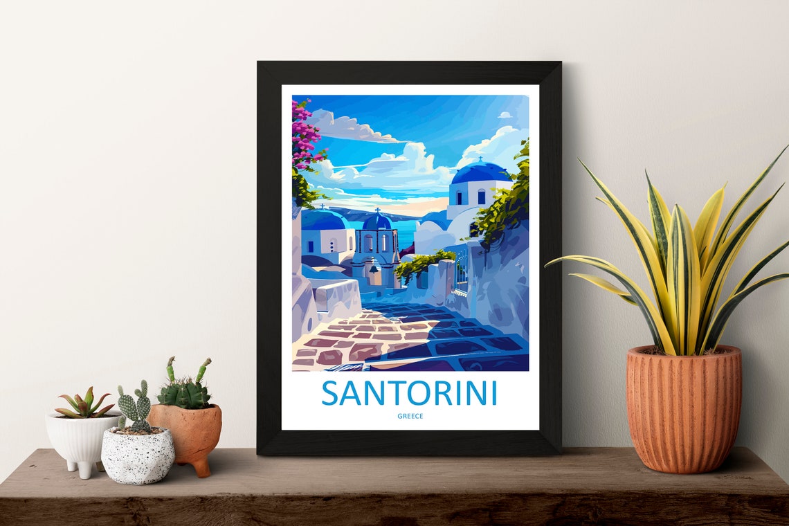 Santorini Greece Blue Domed Churches Cobbled Lane Sunny Poster - Image 3