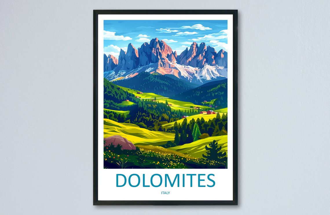 Dolomites Italy Alpine Peaks Green Valley Summer Travel Poster