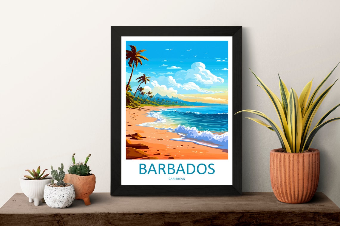 Barbados Palm Beach Rolling Surf Sunset Caribbean Travel Poster - Image 3