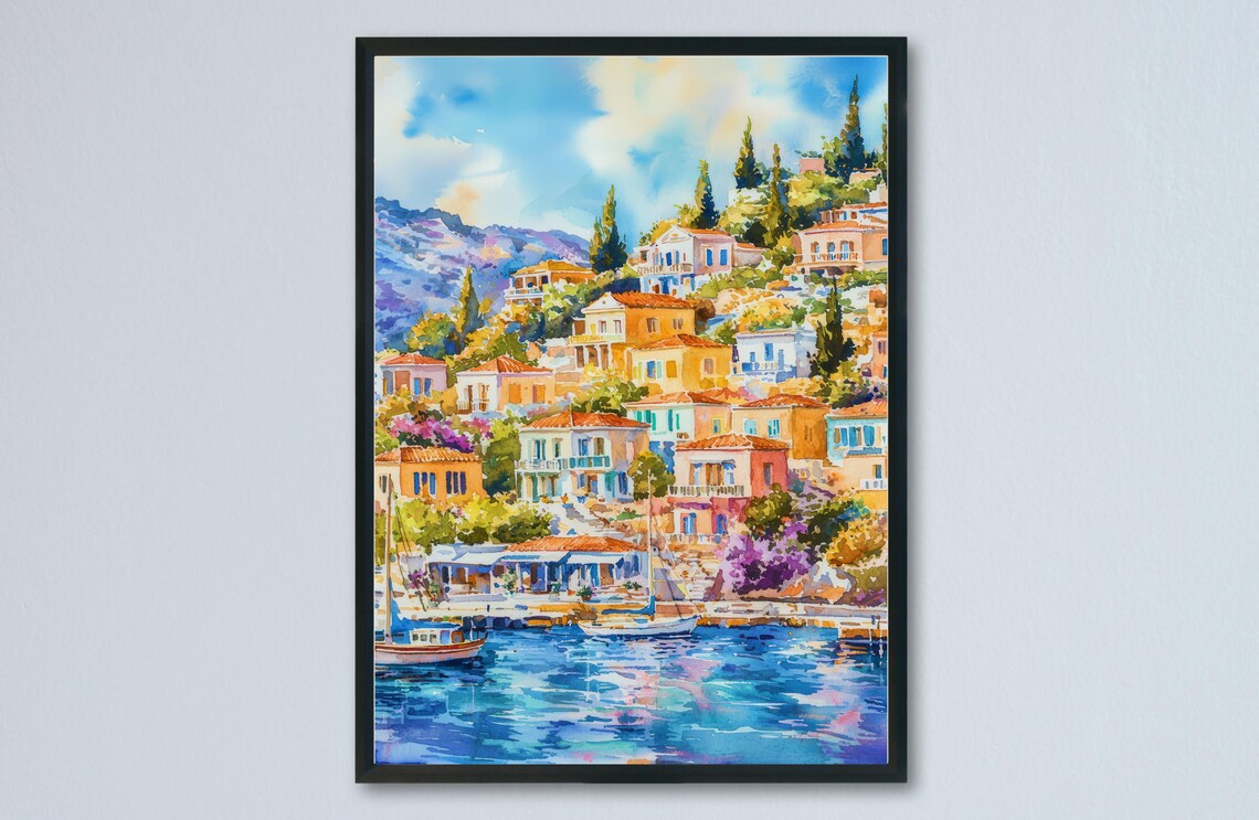 Symi Greece Watercolor Colorful Harbor Boats Hillside Travel Poster