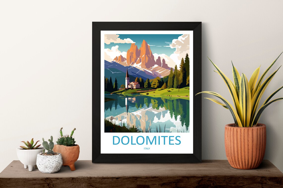 Dolomites Italy Mountain Lake Chapel Alpine Scene Travel Poster - Image 3