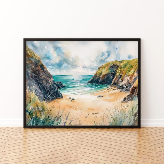 Hidden Cove Beach with Turquoise Waves Coastal Watercolor Poster