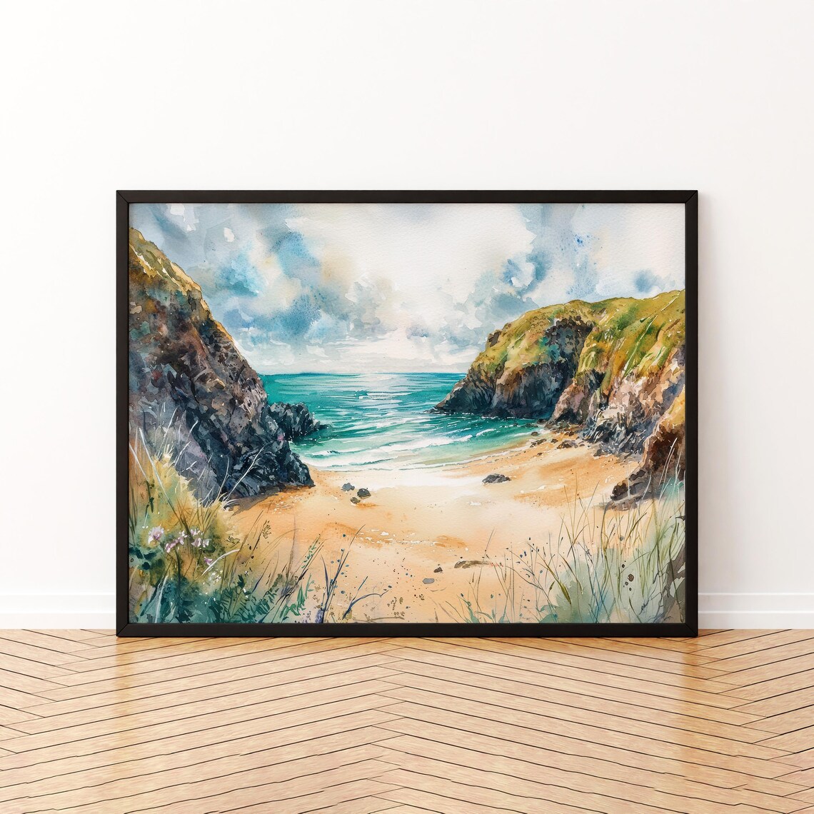 Hidden Cove Beach with Turquoise Waves Coastal Watercolor Poster