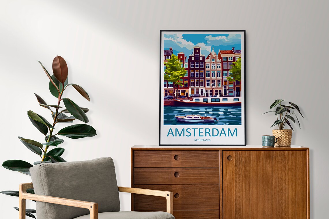 Amsterdam Netherlands Daytime Canal Houseboat Row Houses Travel Poster - Image 2