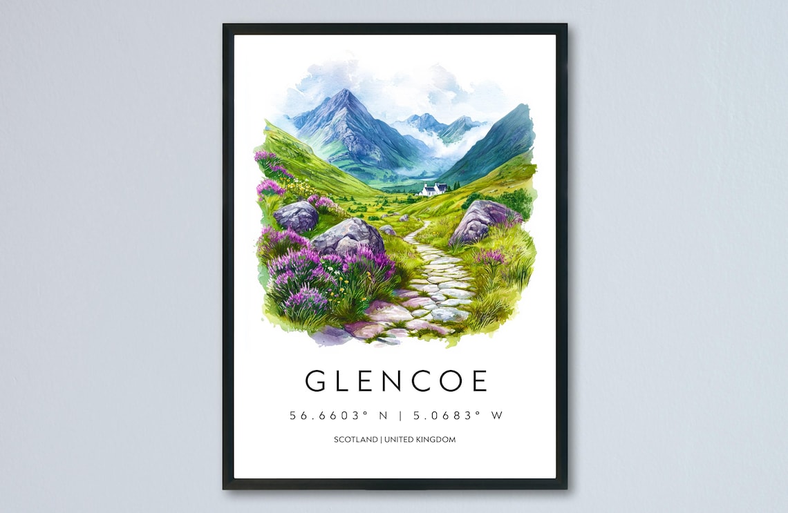 Glencoe Scotland Mountain Valley Watercolor Landscape Poster