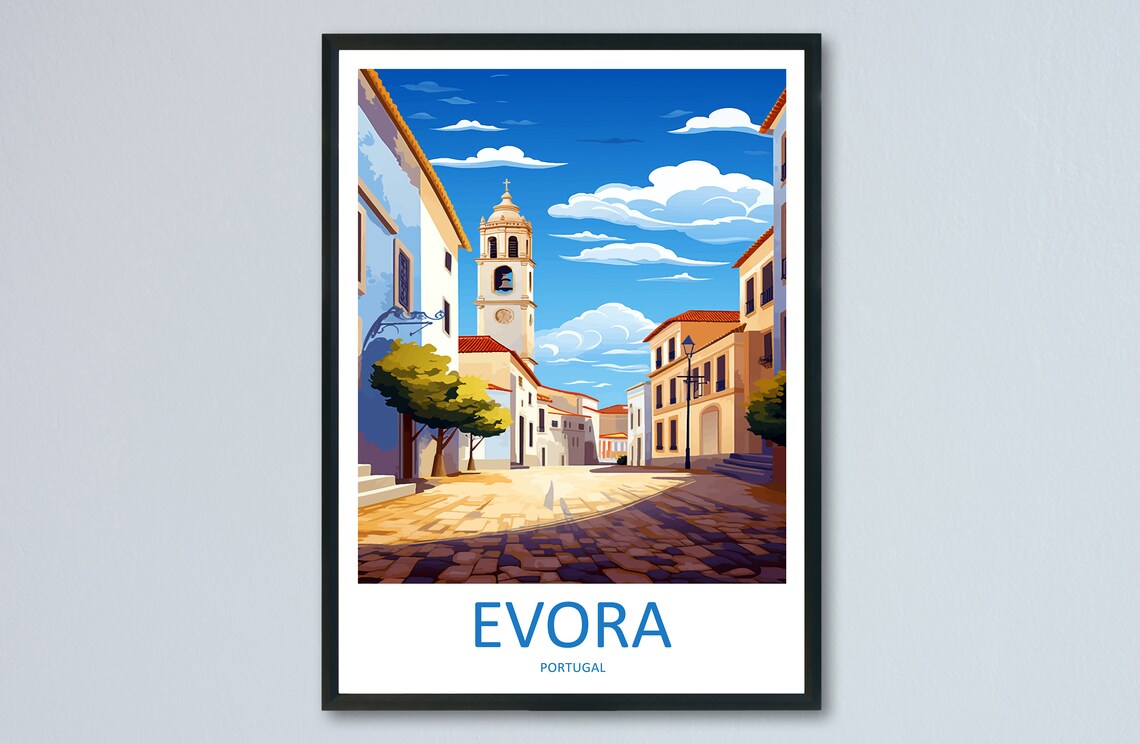 Evora Portugal Historic Square Clock Tower Old Town Travel Poster