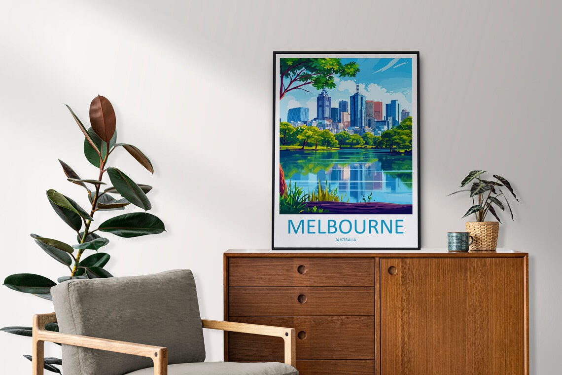 Melbourne Australia City Skyline Lake Reflection Travel Poster - Image 2