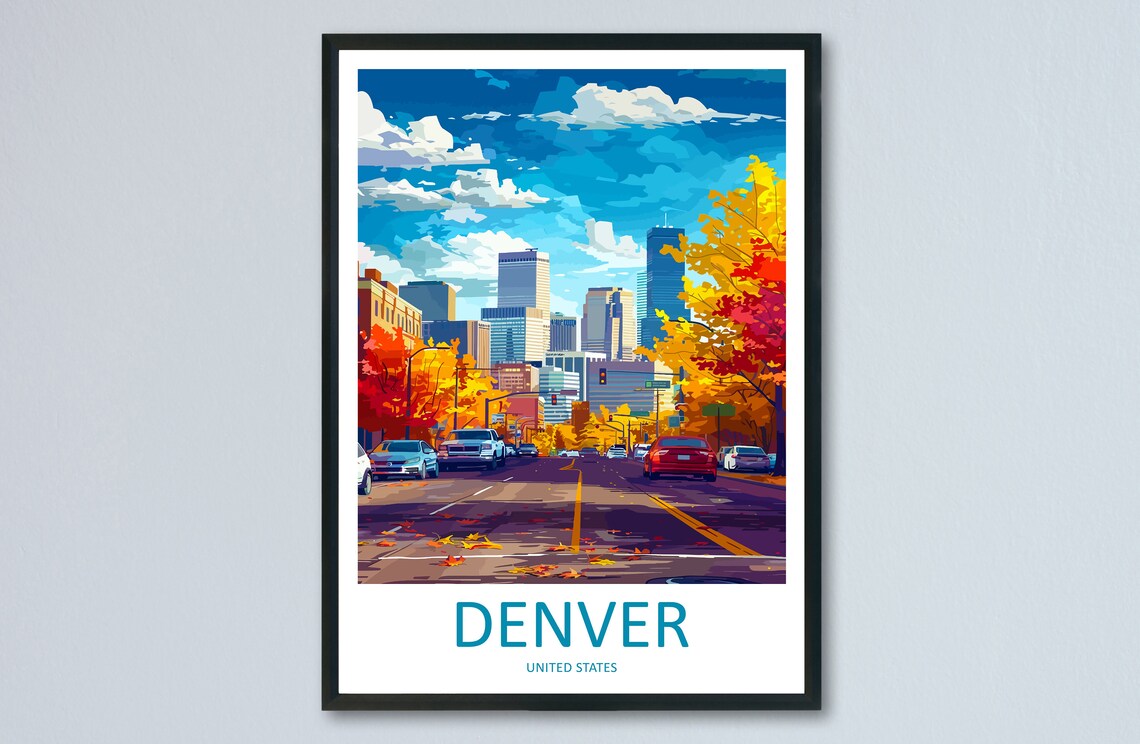 Denver Colorado Autumn Skyline Street Fall Colors City Travel Poster