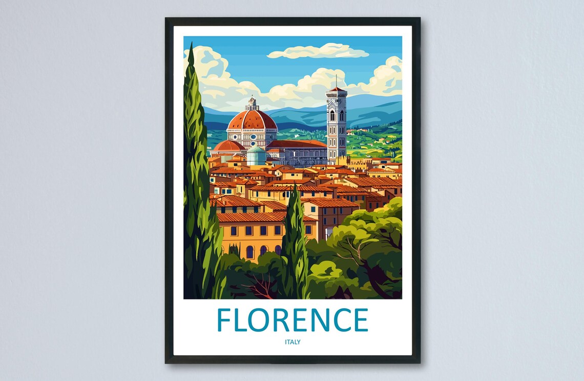 Florence Duomo Dome Bell Tower Red Roofs Cypress Italy Travel Poster
