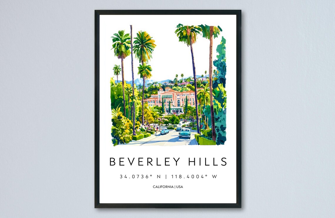 Beverley Hills California Palm Street Hotel Watercolor Poster