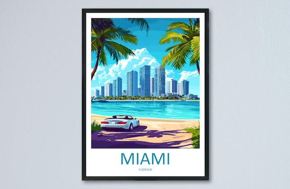 Miami Skyline Beach Convertible Palm Trees Ocean Florida Travel Poster