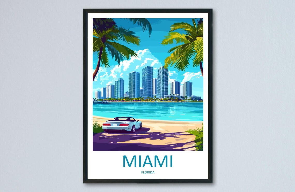 Miami Skyline Beach Convertible Palm Trees Ocean Florida Travel Poster