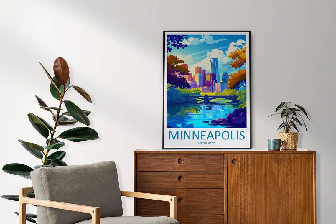 Minneapolis United States City Skyline River Vintage Art Poster - Image 2