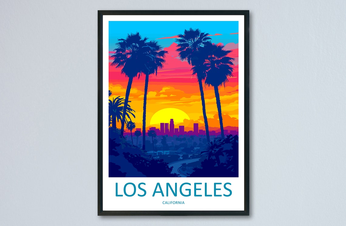 Los Angeles California Sunset Palm Trees City Skyline Travel Poster