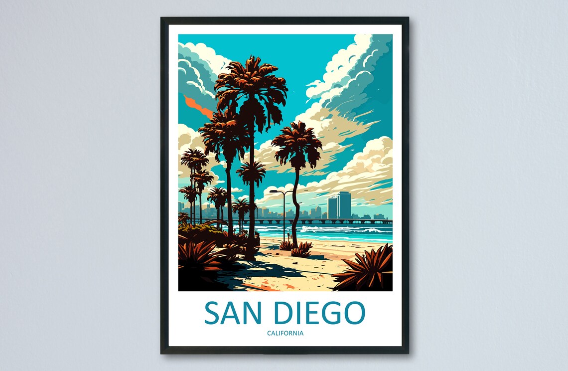 San Diego California Palm Tree Beach And City Skyline Poster