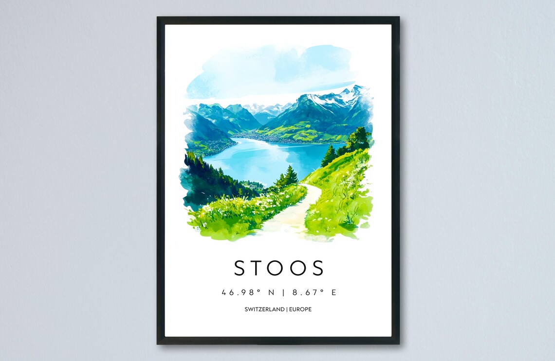 Stoos Switzerland Lake Mountain View Watercolor Alpine Poster