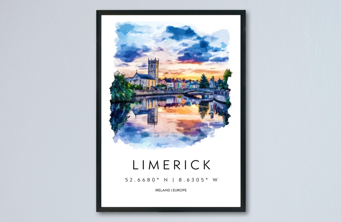 Limerick Ireland Sunset River Shannon Watercolor Travel Poster