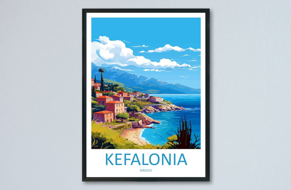 Kefalonia Greece Coastal Village Cliffs Seaside Travel Poster
