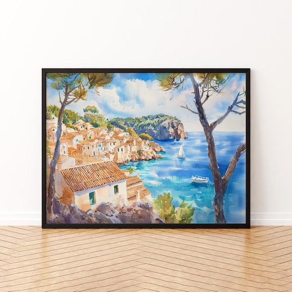 Mallorca Watercolor Coastal Village Sailboat Mediterranean Spain Print