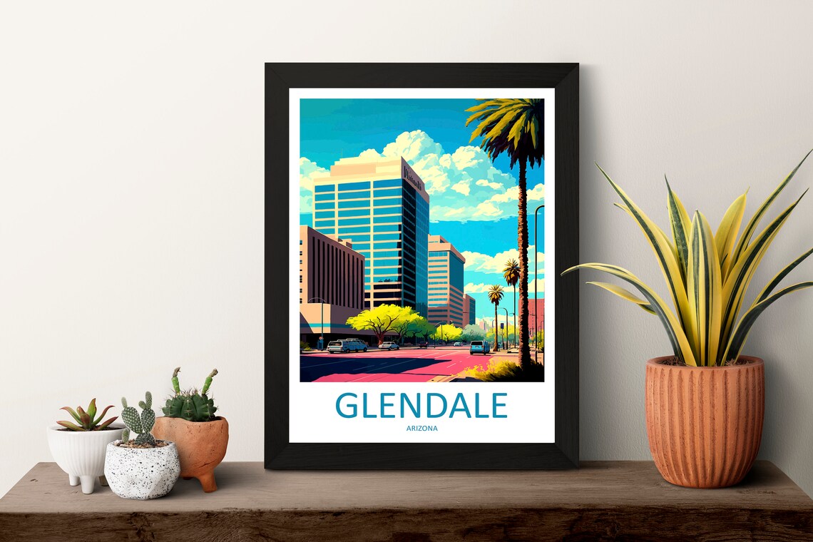 Glendale Arizona Downtown Street Palm Trees Illustration Poster - Image 3