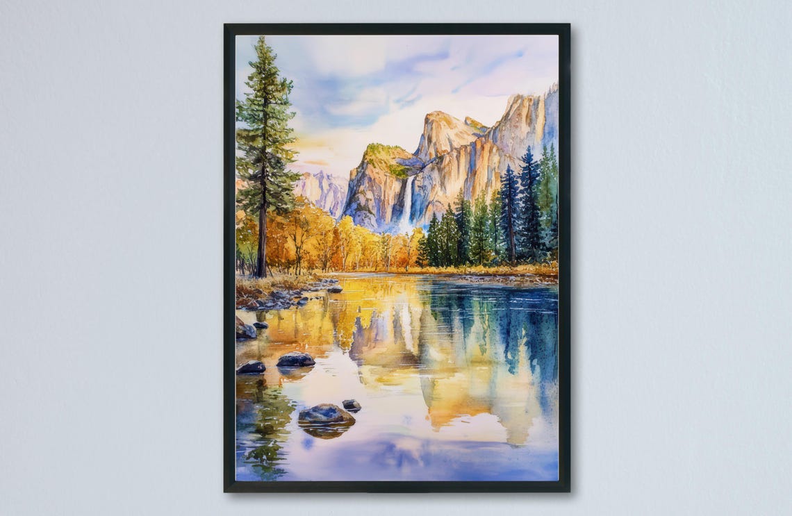 Yosemite Valley Granite Cliffs River Reflection Watercolor Art Poster