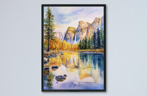 Yosemite Valley Granite Cliffs River Reflection Watercolor Art Poster