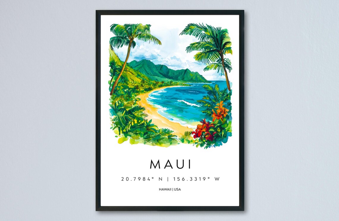 Maui Hawaii Tropical Beach Paradise Watercolor Island Travel Poster
