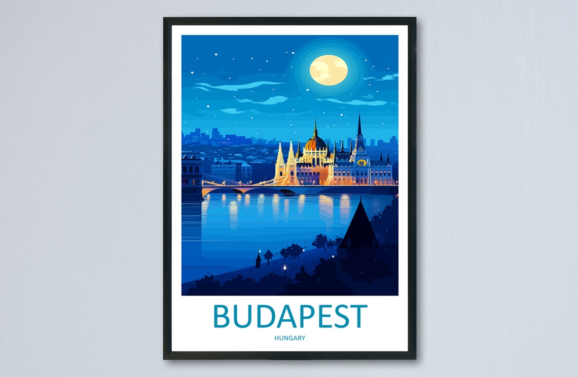 Budapest Hungary Parliament Night Moonlit Danube River Glow Poster