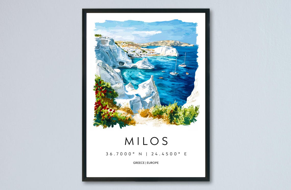 Milos Greece White Cliffs Cove Watercolor Travel Coordinates Poster