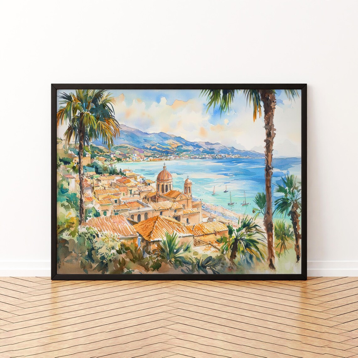 Sicily Watercolor Poster, Italy Landscape Art Print