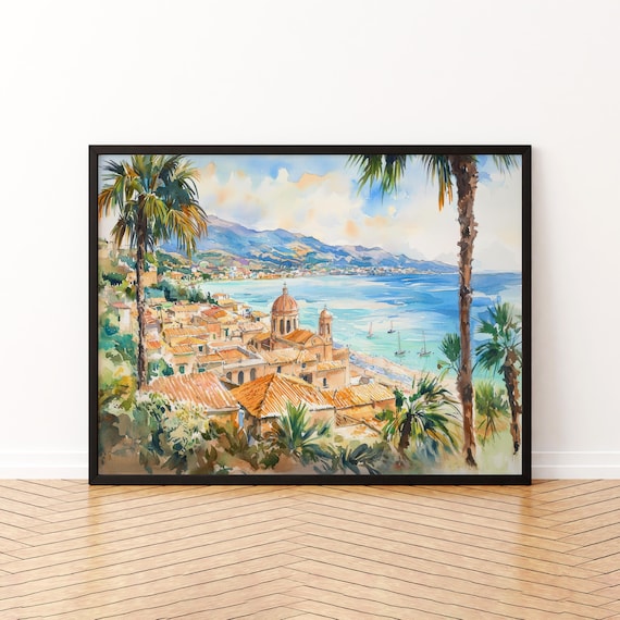 Sicily Watercolor Poster, Italy Landscape Art Print