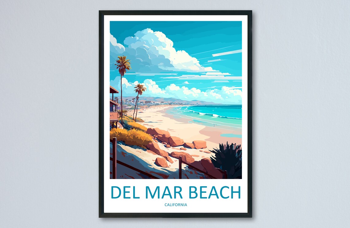 Del Mar Beach California Sandy Shore Palm Rocks Travel Poster