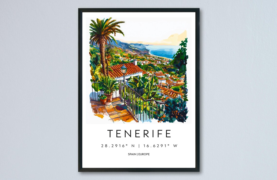 Tenerife Watercolor Canary Islands Coastal View Travel Poster