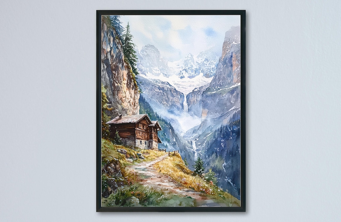 Lauterbrunnen Swiss Alps Chalet Waterfall Mountain Art Poster