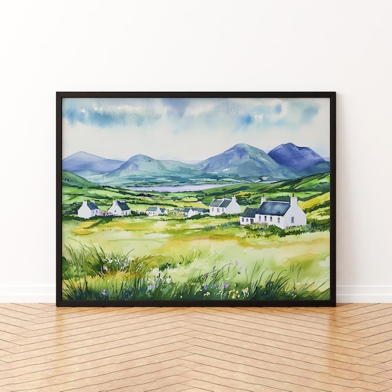 Connemara White Cottages Misty Mountains Lake Ireland Watercolor Poster