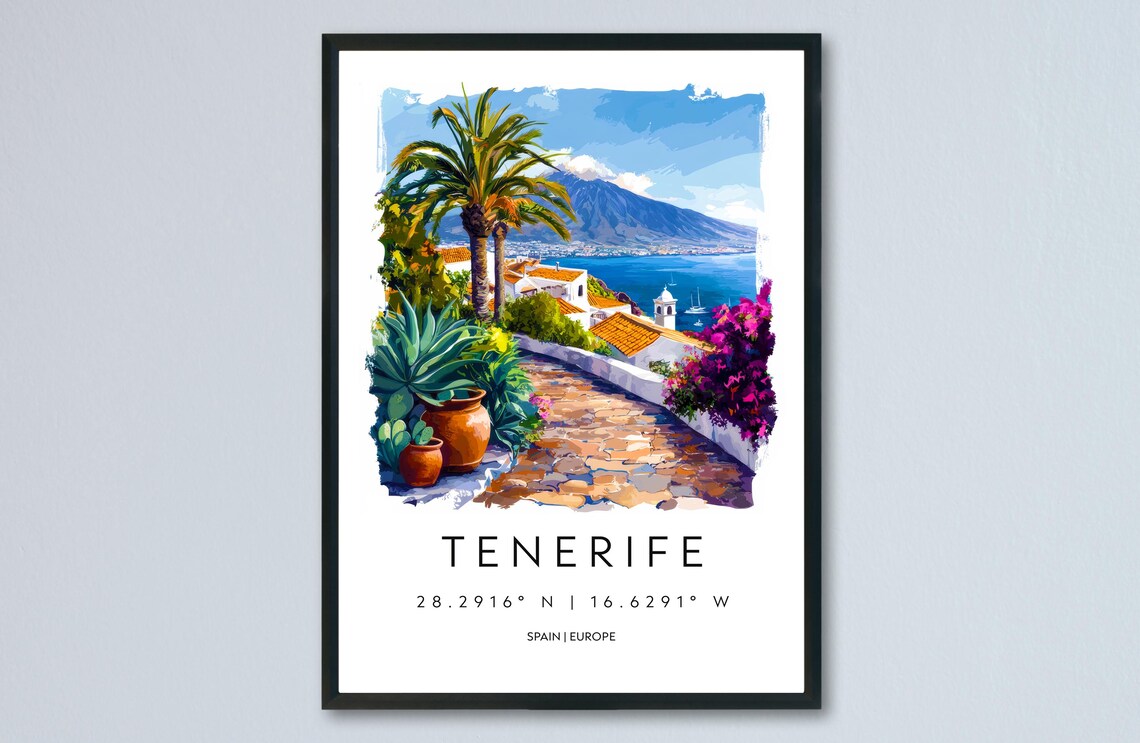 Tenerife Spain Coastal Town Watercolor Travel Poster with Coordinates