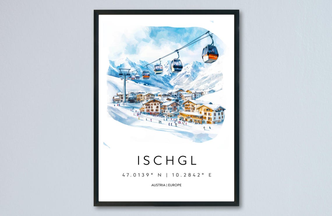 Ischgl Austria Ski Resort Gondolas Alpine Snow Watercolor Poster