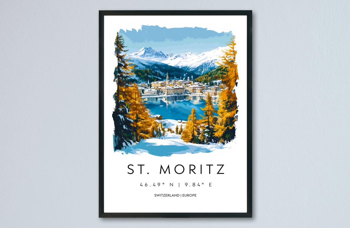 St Moritz Switzerland Scenic Winter Lake Watercolor Alpine Poster