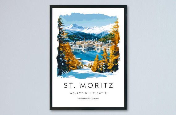 St Moritz Switzerland Scenic Winter Lake Watercolor Alpine Poster