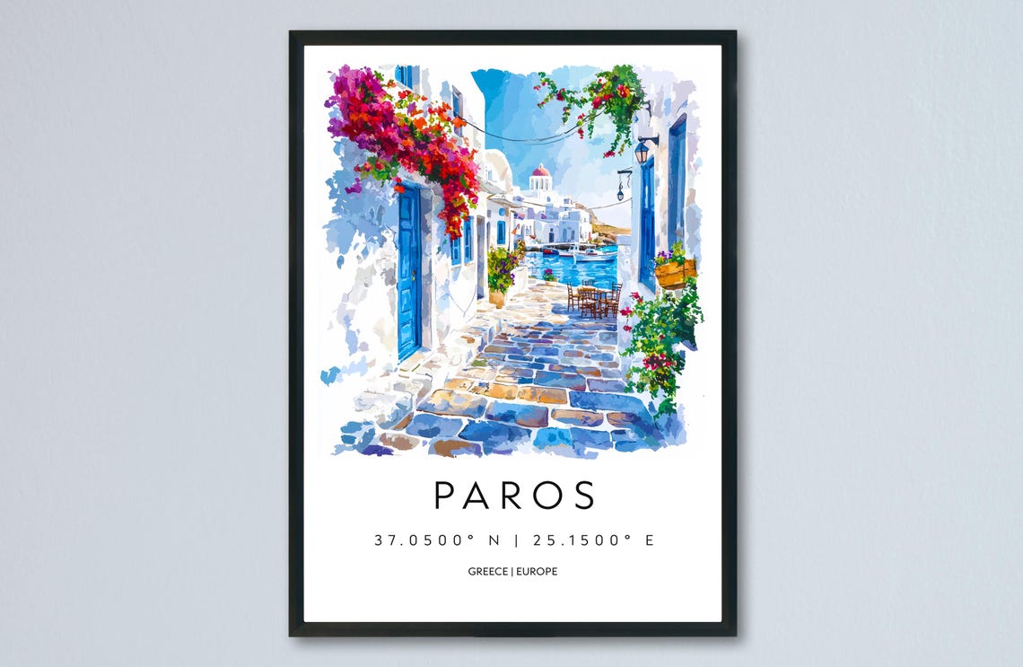 Paros Watercolor Travel Poster, Greece Island View