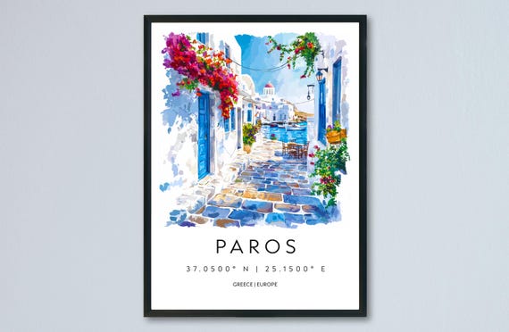 Paros Watercolor Travel Poster, Greece Island View