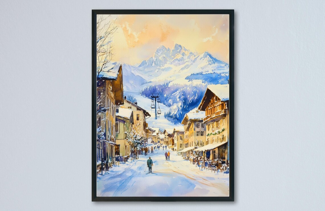 Kitzbuhel Austria Snowy Alpine Ski Village Street Gondola Poster