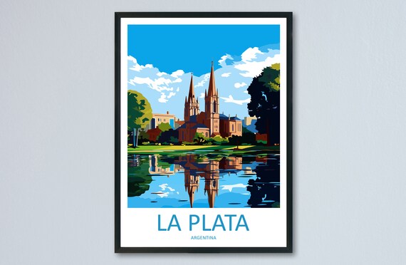 La Plata Argentina Cathedral Twin Spires Lake Reflection Travel Poster
