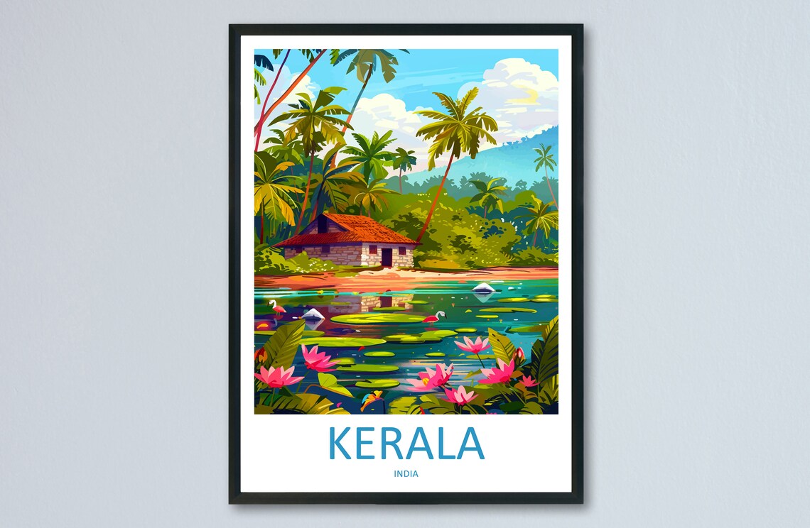 Kerala India Backwater Palm House Water Lilies Travel Poster