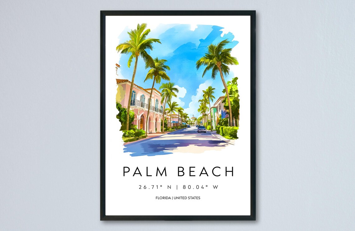 Sunny Palm Beach Florida Palm Tree Lined Street Watercolor Poster